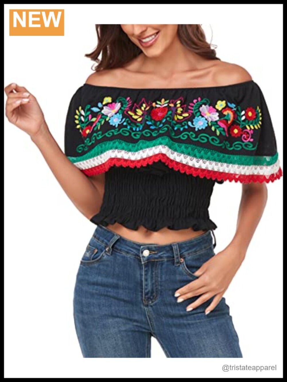Women Mexican Embroidered Off-Shoulder Blouse Cotton Smocked Peasant Top Boho